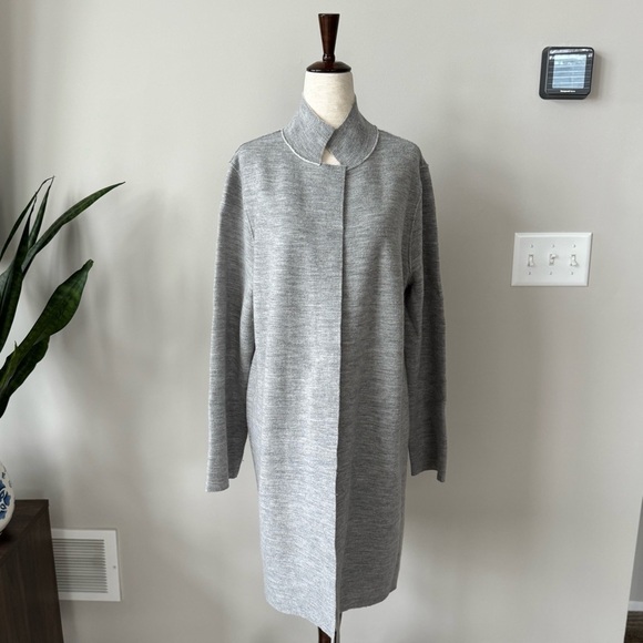 Eileen Fisher Merino Wool High Collar Long Sleeve Open-Front Raw Hem Cardigan - Picture 9 of 11